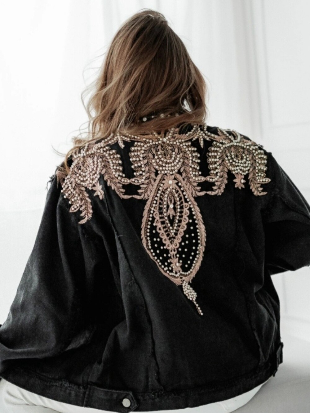 Vici Black Denim Jacket with Gold Beaded Embellishment